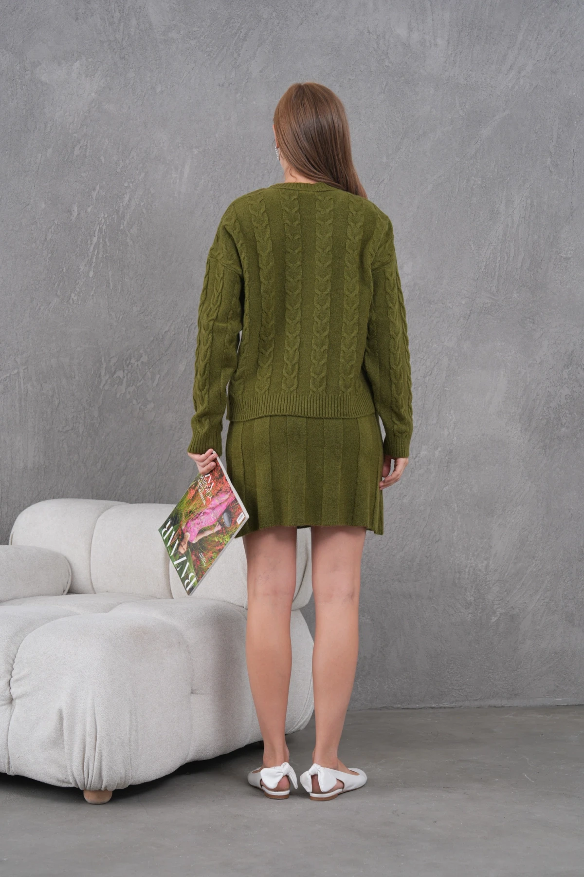 Kadın Bisiklet Yaka Saç Örgü Kazak Etek İkili Triko Takım