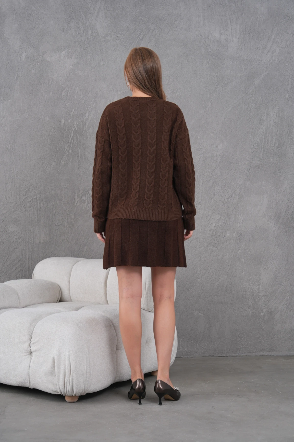 Kadın Bisiklet Yaka Saç Örgü Kazak Etek İkili Triko Takım