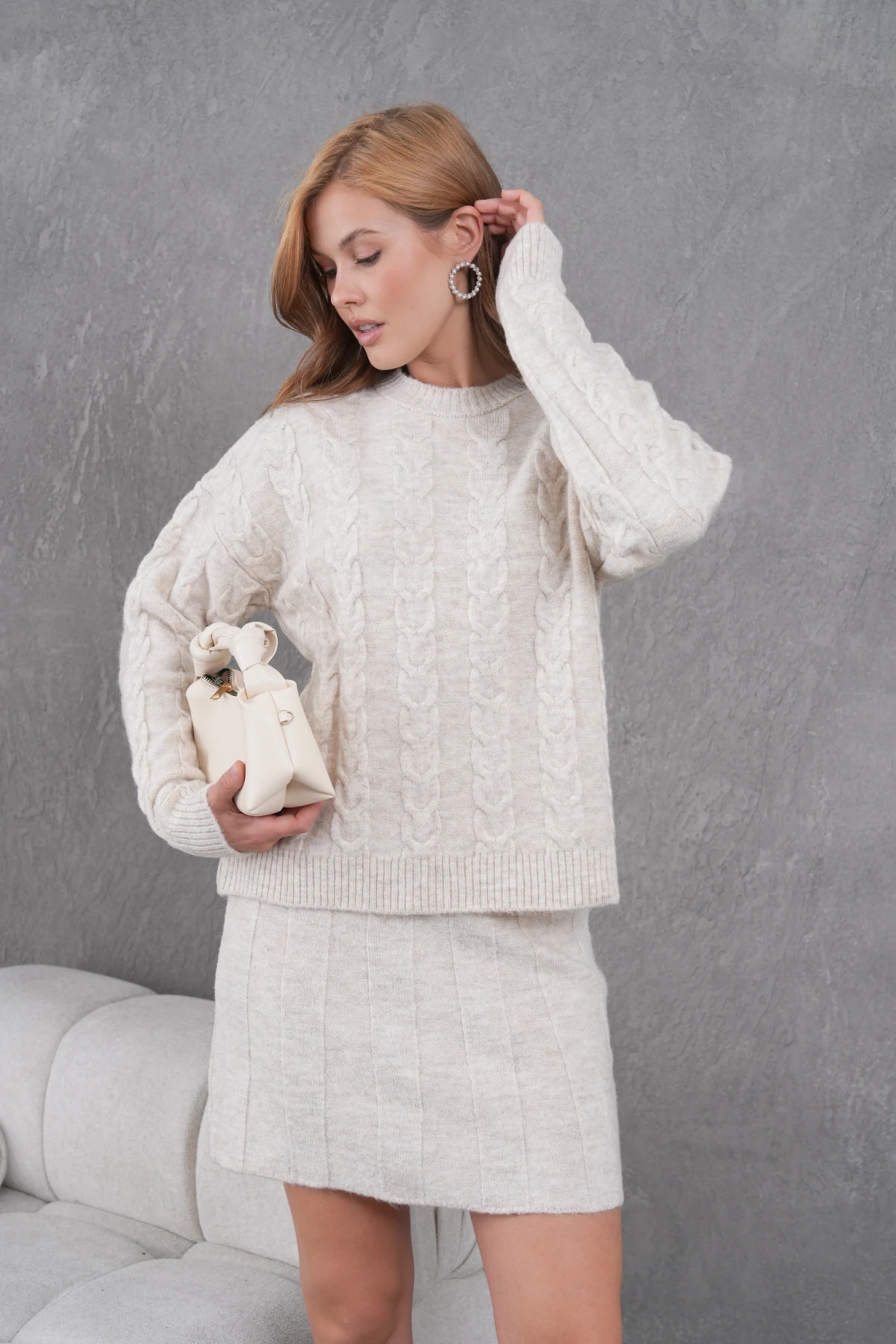 Kadın Bisiklet Yaka Saç Örgü Kazak Etek İkili Triko Takım