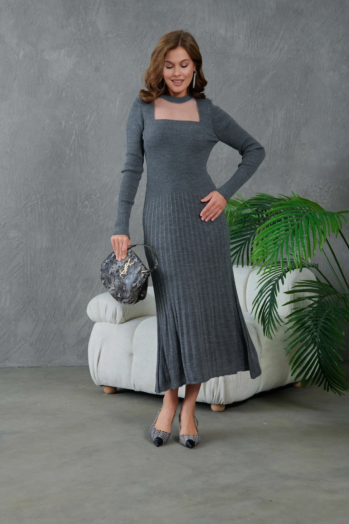 Kadın Bisiklet Yaka Tül Detay Maksi Boy Fitilli Triko Elbise