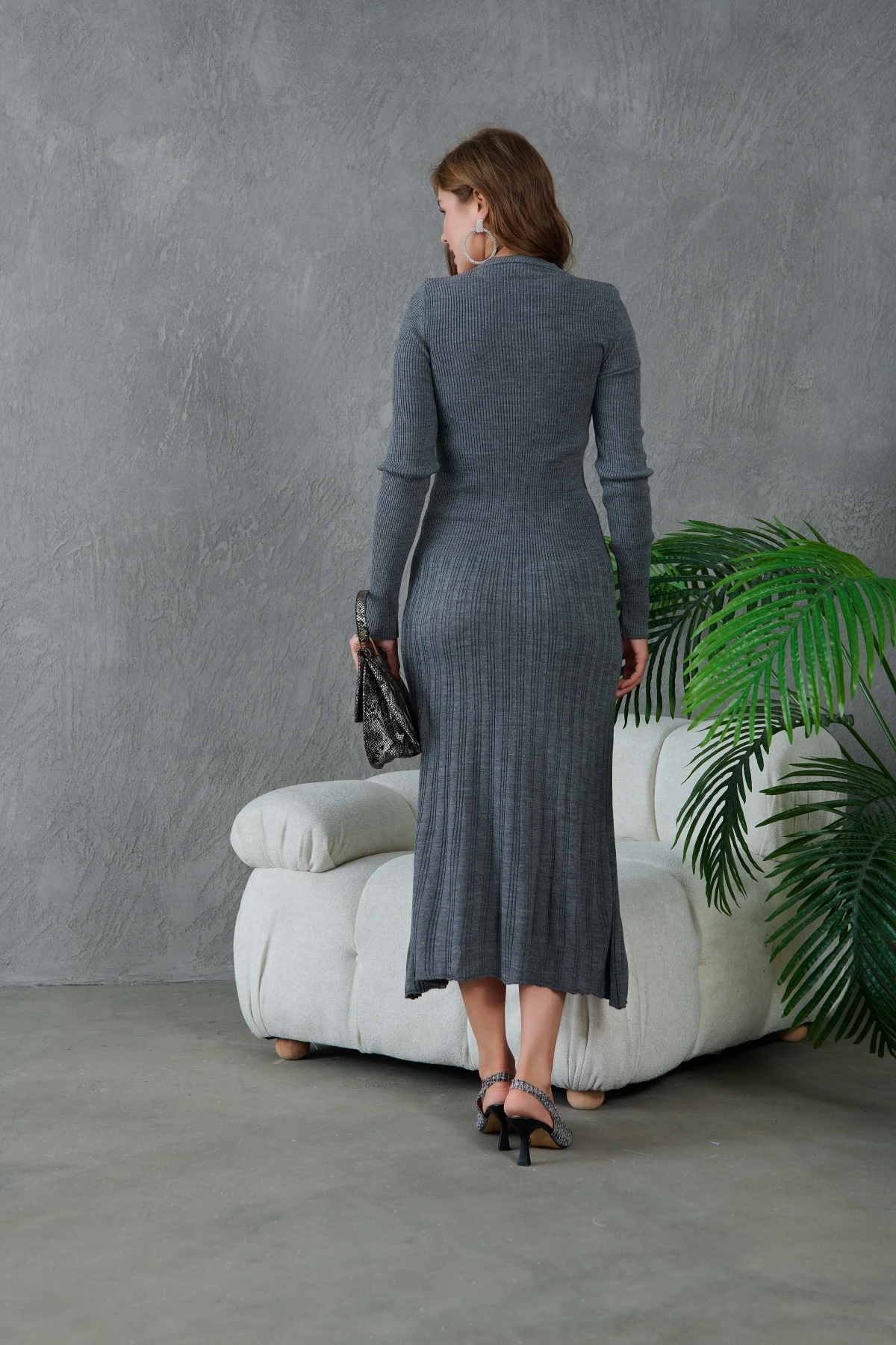 Kadın Bisiklet Yaka Tül Detay Maksi Boy Fitilli Triko Elbise