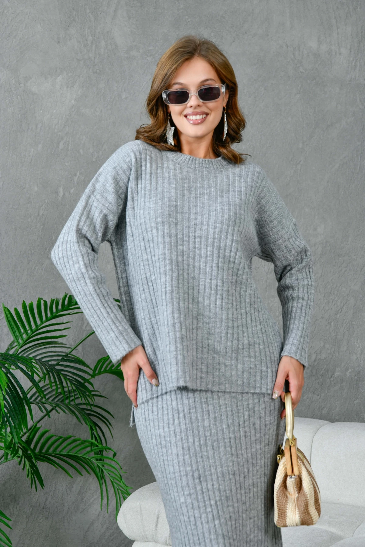 Kadın Bisiklet Yaka Uzun Kazak Etek İkili Triko Takım