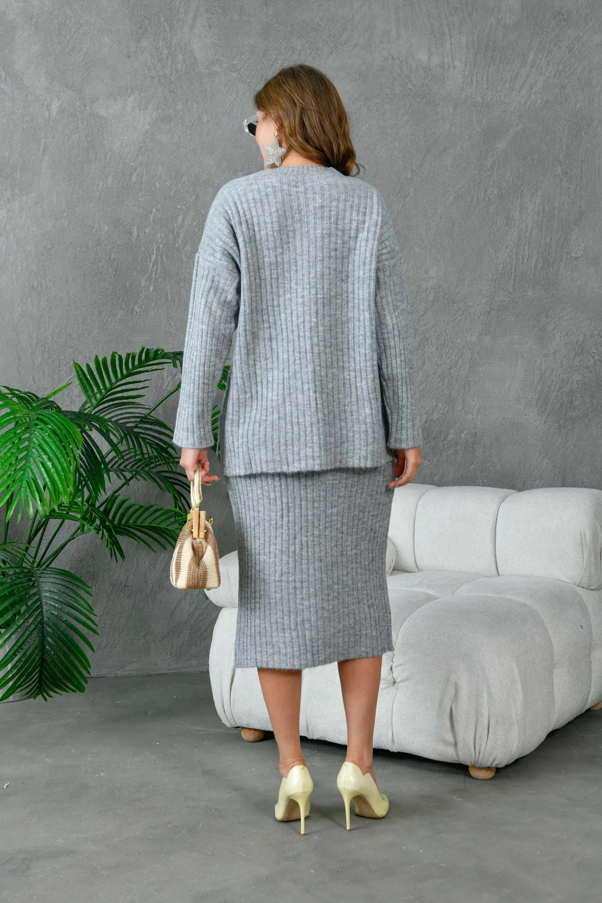 Kadın Bisiklet Yaka Uzun Kazak Etek İkili Triko Takım