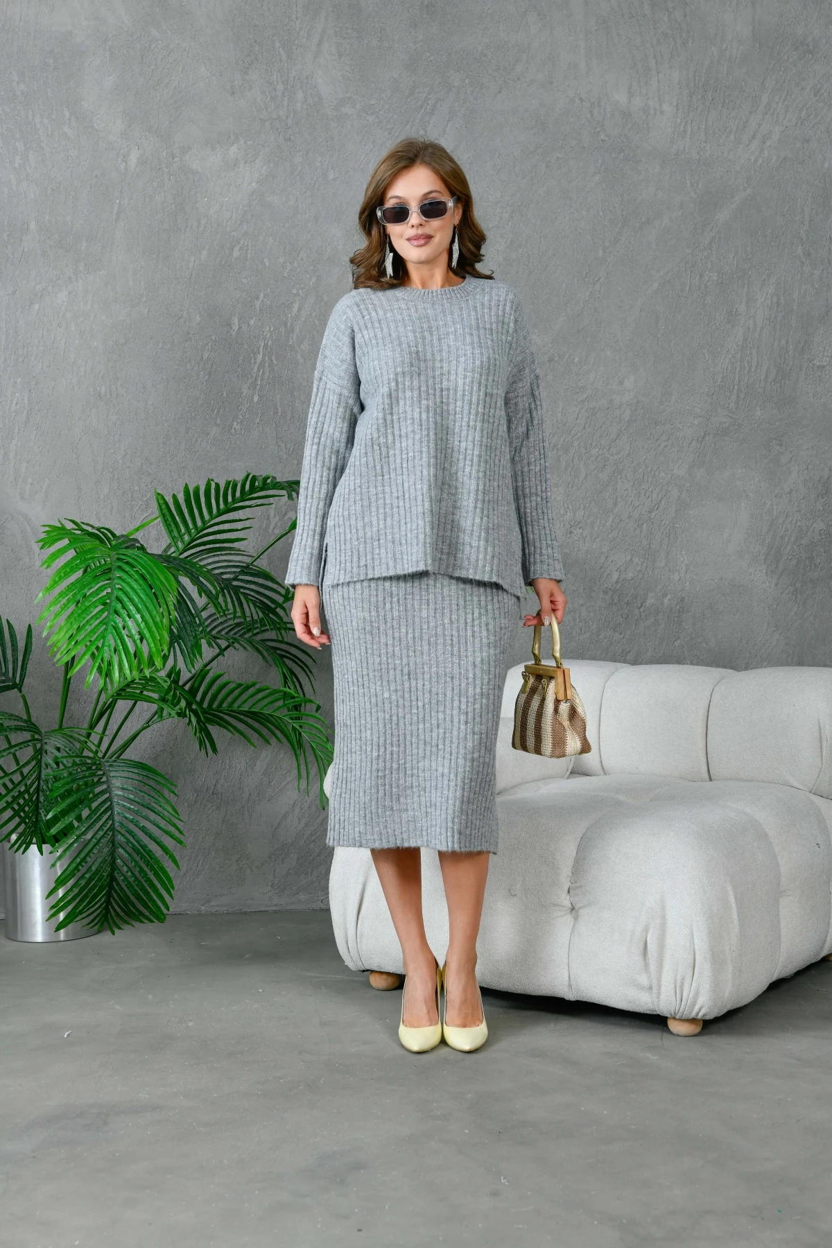 Kadın Bisiklet Yaka Uzun Kazak Etek İkili Triko Takım