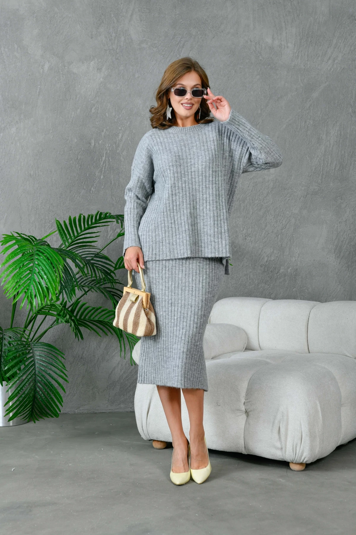 Kadın Bisiklet Yaka Uzun Kazak Etek İkili Triko Takım