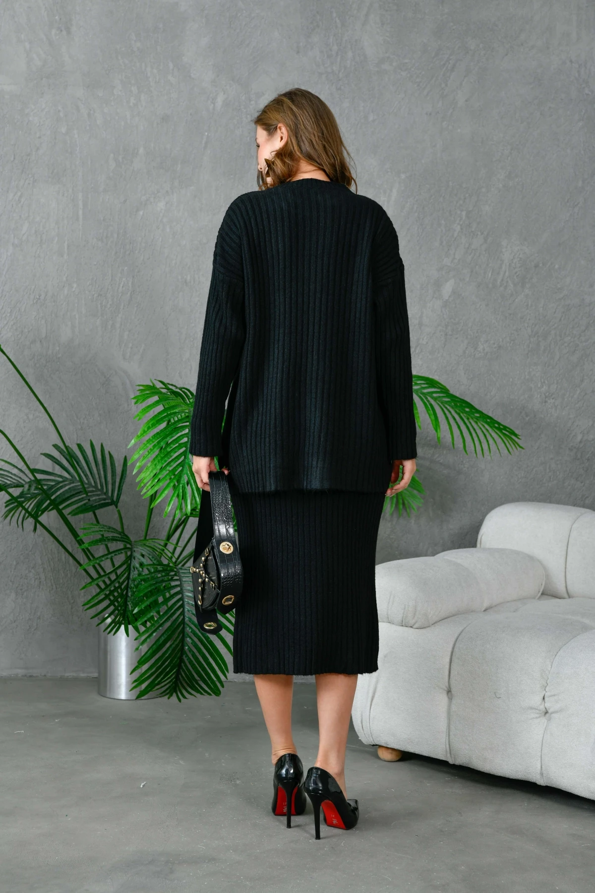 Kadın Bisiklet Yaka Uzun Kazak Etek İkili Triko Takım