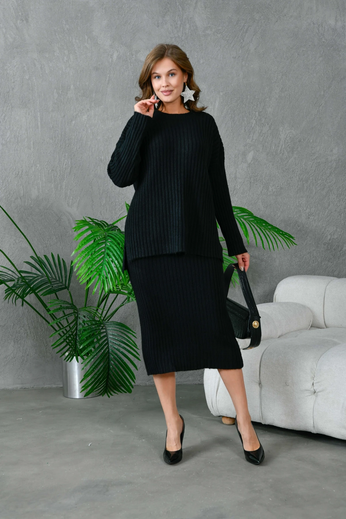 Kadın Bisiklet Yaka Uzun Kazak Etek İkili Triko Takım