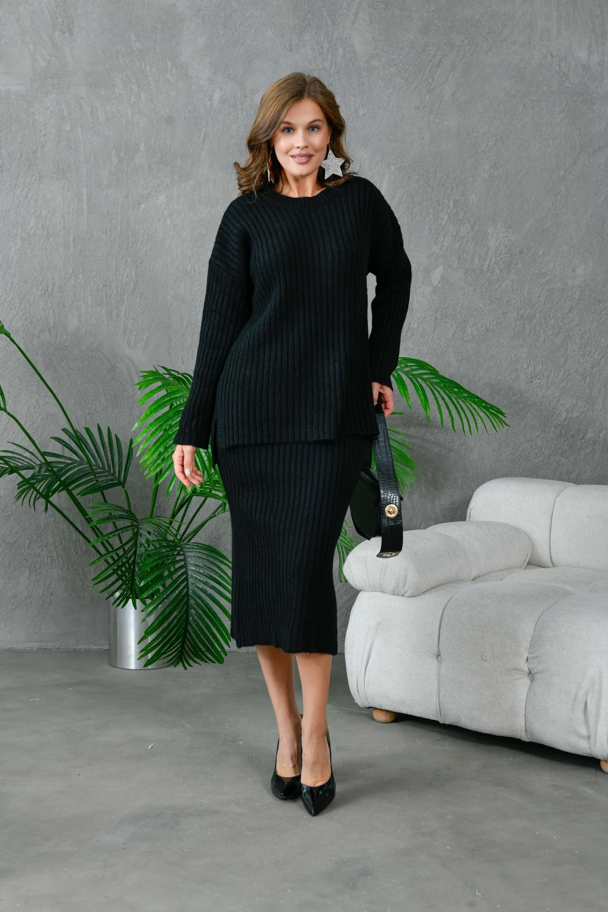 Kadın Bisiklet Yaka Uzun Kazak Etek İkili Triko Takım