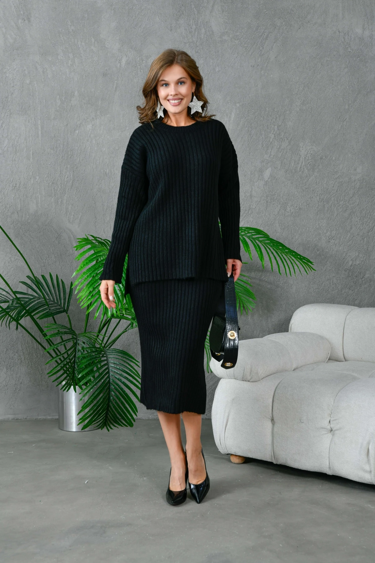 Kadın Bisiklet Yaka Uzun Kazak Etek İkili Triko Takım