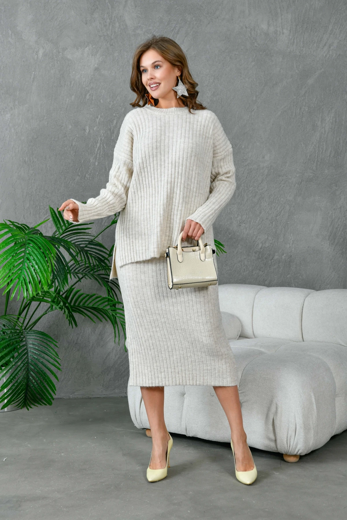 Kadın Bisiklet Yaka Uzun Kazak Etek İkili Triko Takım