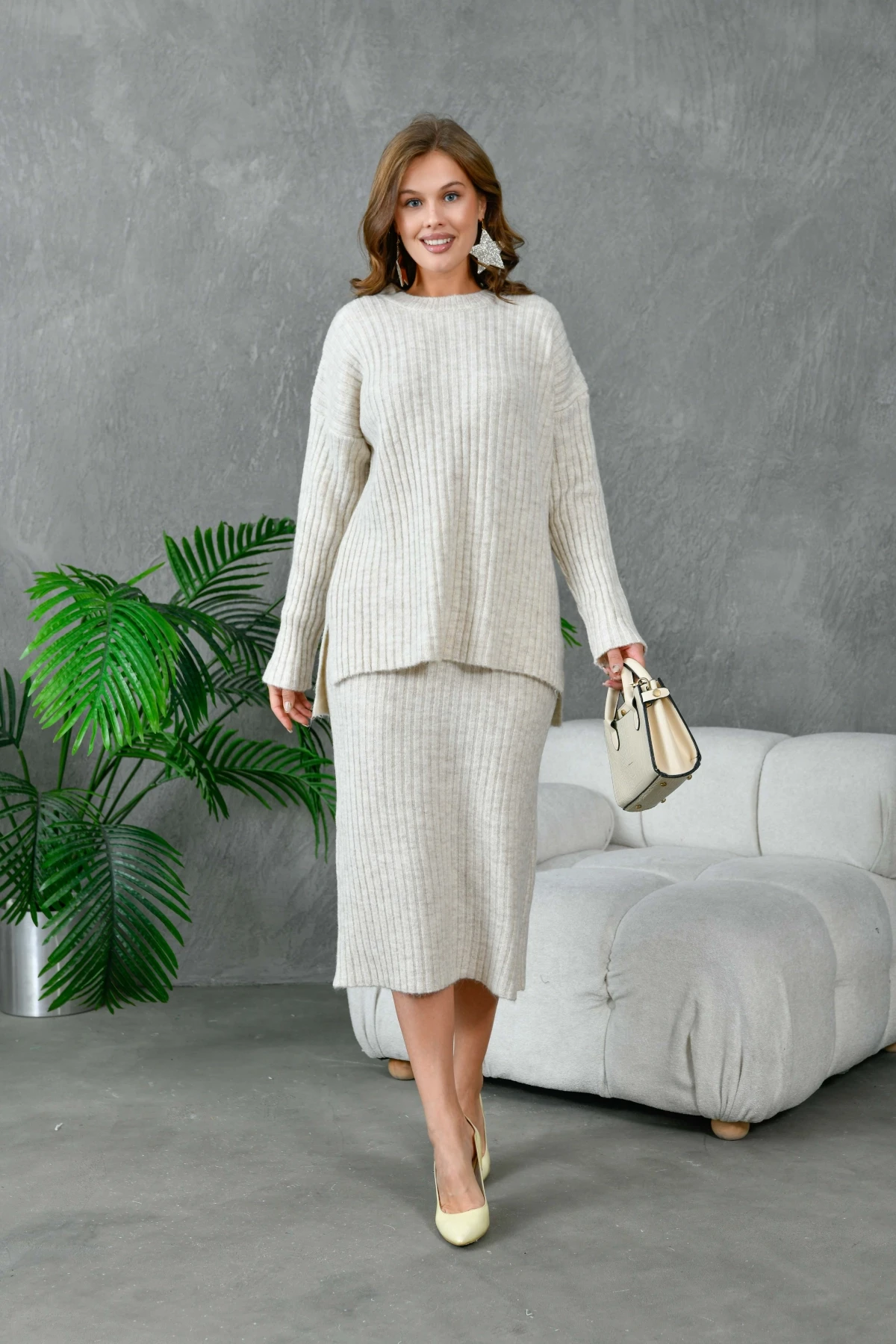 Kadın Bisiklet Yaka Uzun Kazak Etek İkili Triko Takım