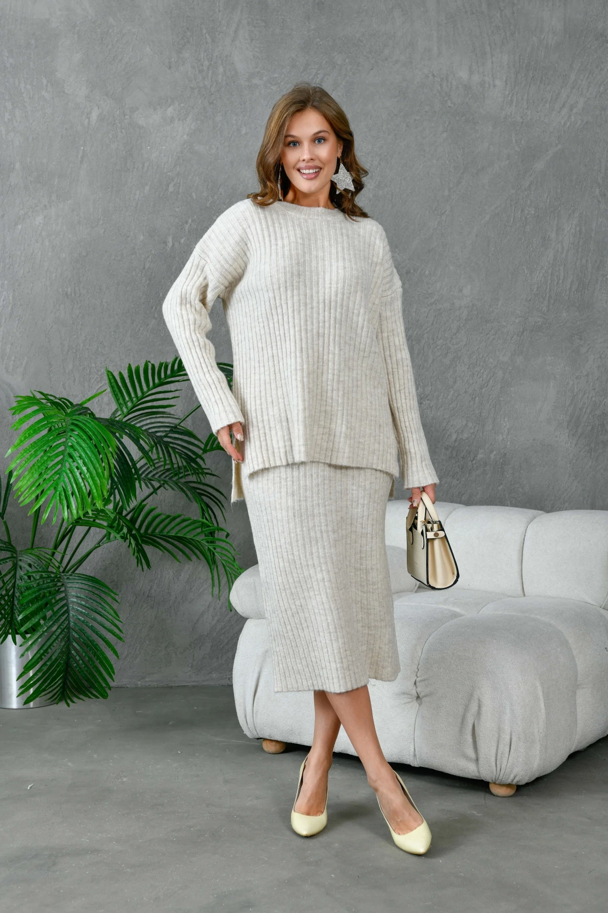 Kadın Bisiklet Yaka Uzun Kazak Etek İkili Triko Takım