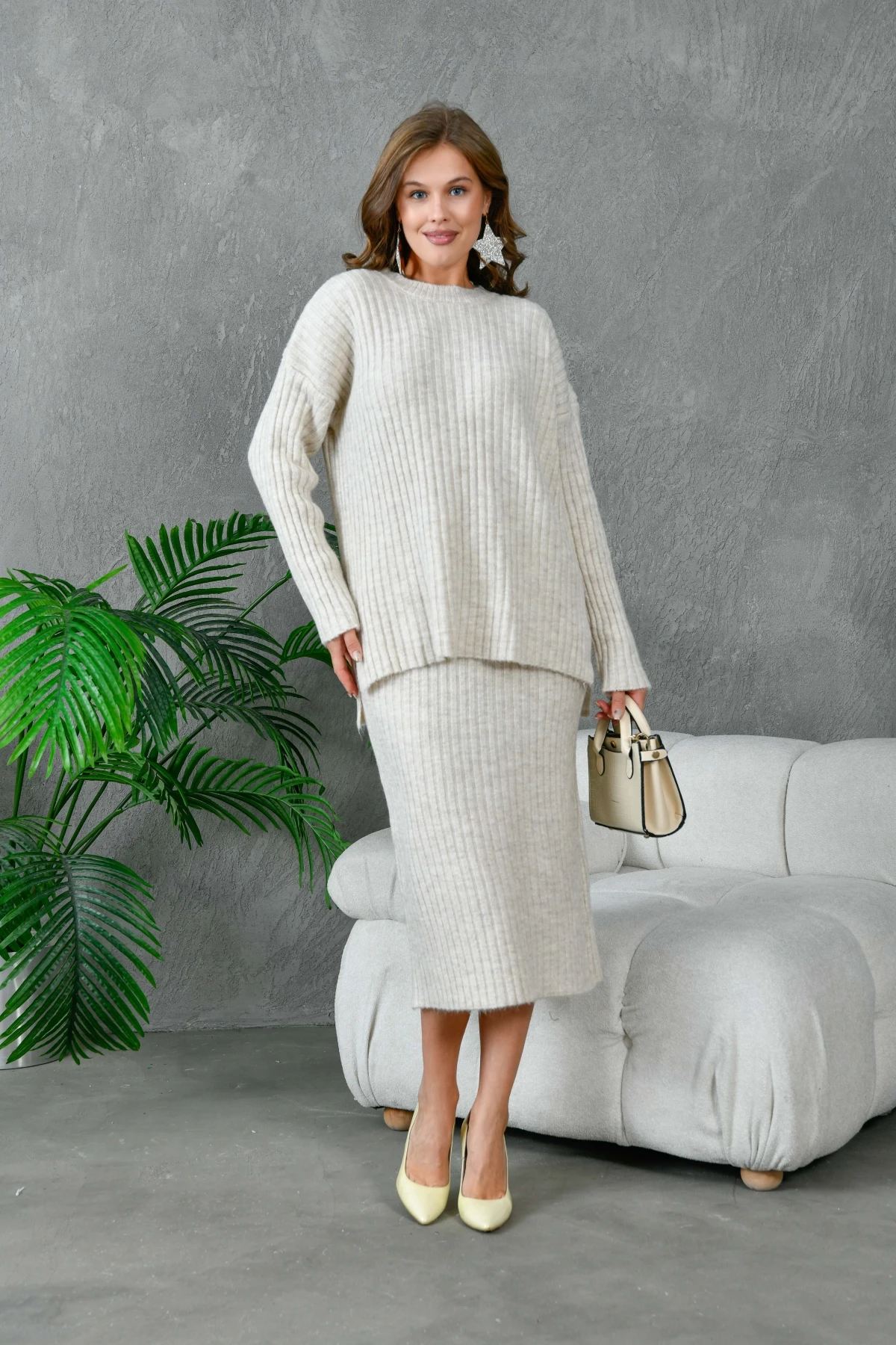 Kadın Bisiklet Yaka Uzun Kazak Etek İkili Triko Takım