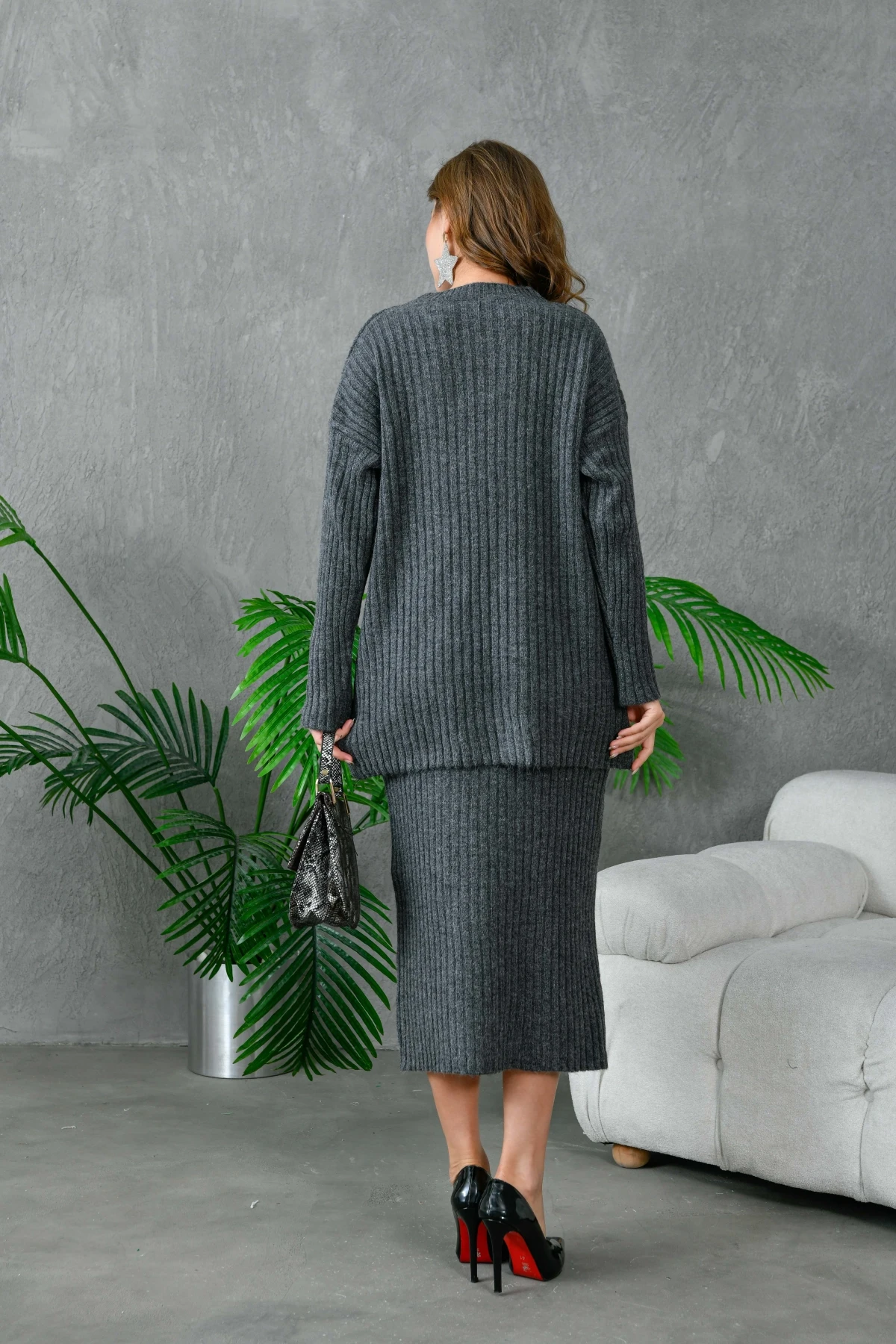 Kadın Bisiklet Yaka Uzun Kazak Etek İkili Triko Takım