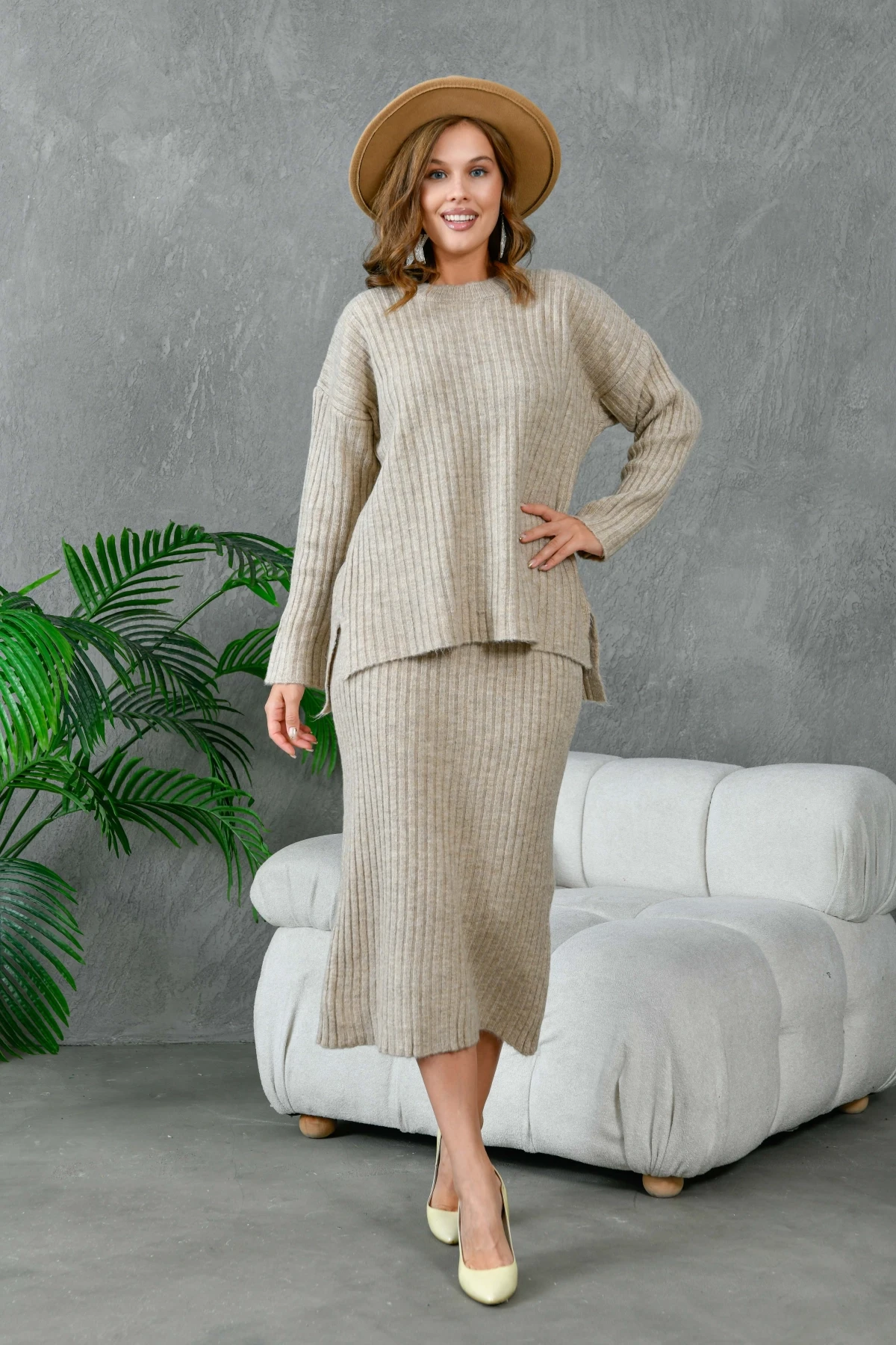 Kadın Bisiklet Yaka Uzun Kazak Etek İkili Triko Takım