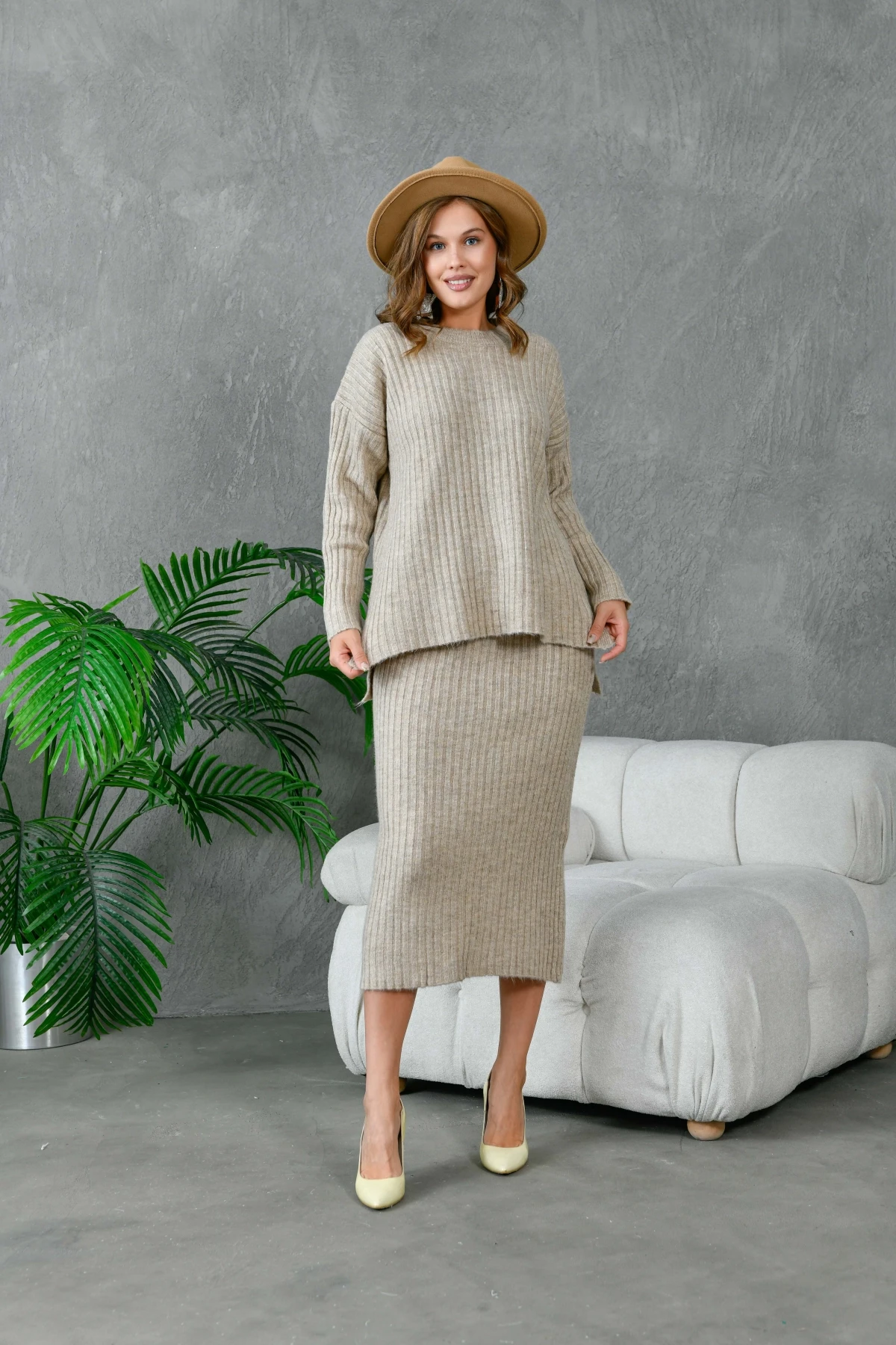 Kadın Bisiklet Yaka Uzun Kazak Etek İkili Triko Takım