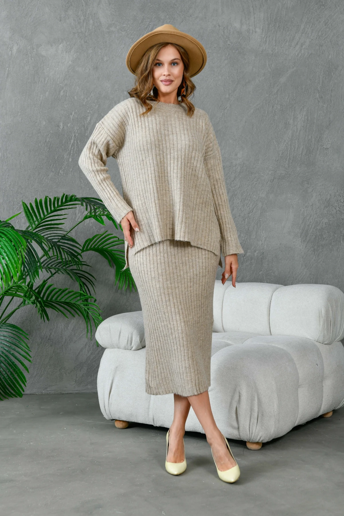 Kadın Bisiklet Yaka Uzun Kazak Etek İkili Triko Takım