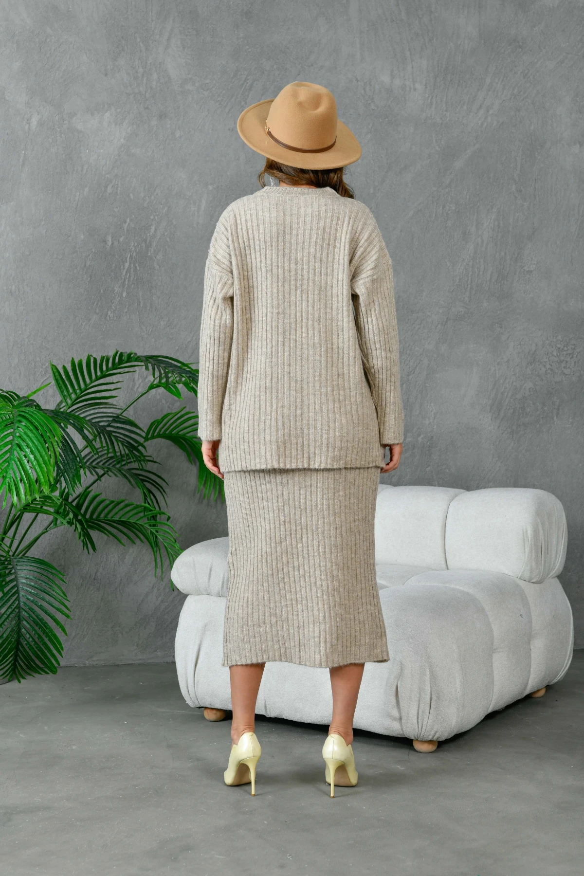 Kadın Bisiklet Yaka Uzun Kazak Etek İkili Triko Takım