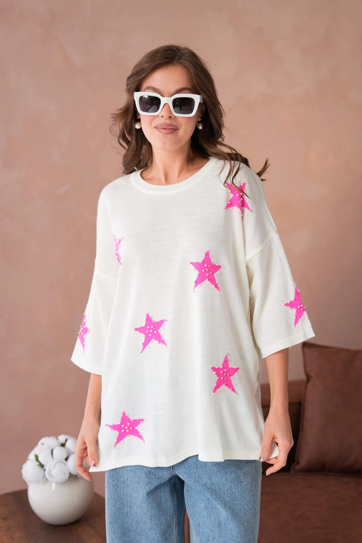 Kadın Bisiklet Yaka Yıldız Desenli İnci İşlemeli Oversize Triko Kazak 12064