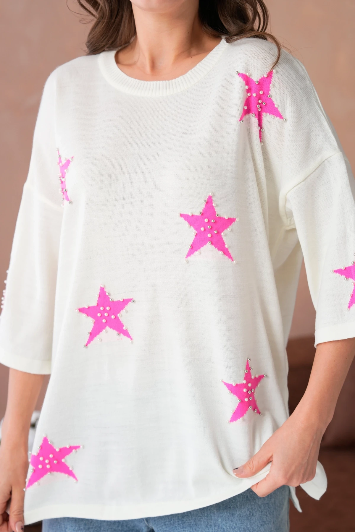 Kadın Bisiklet Yaka Yıldız Desenli İnci İşlemeli Oversize Triko Kazak 12064