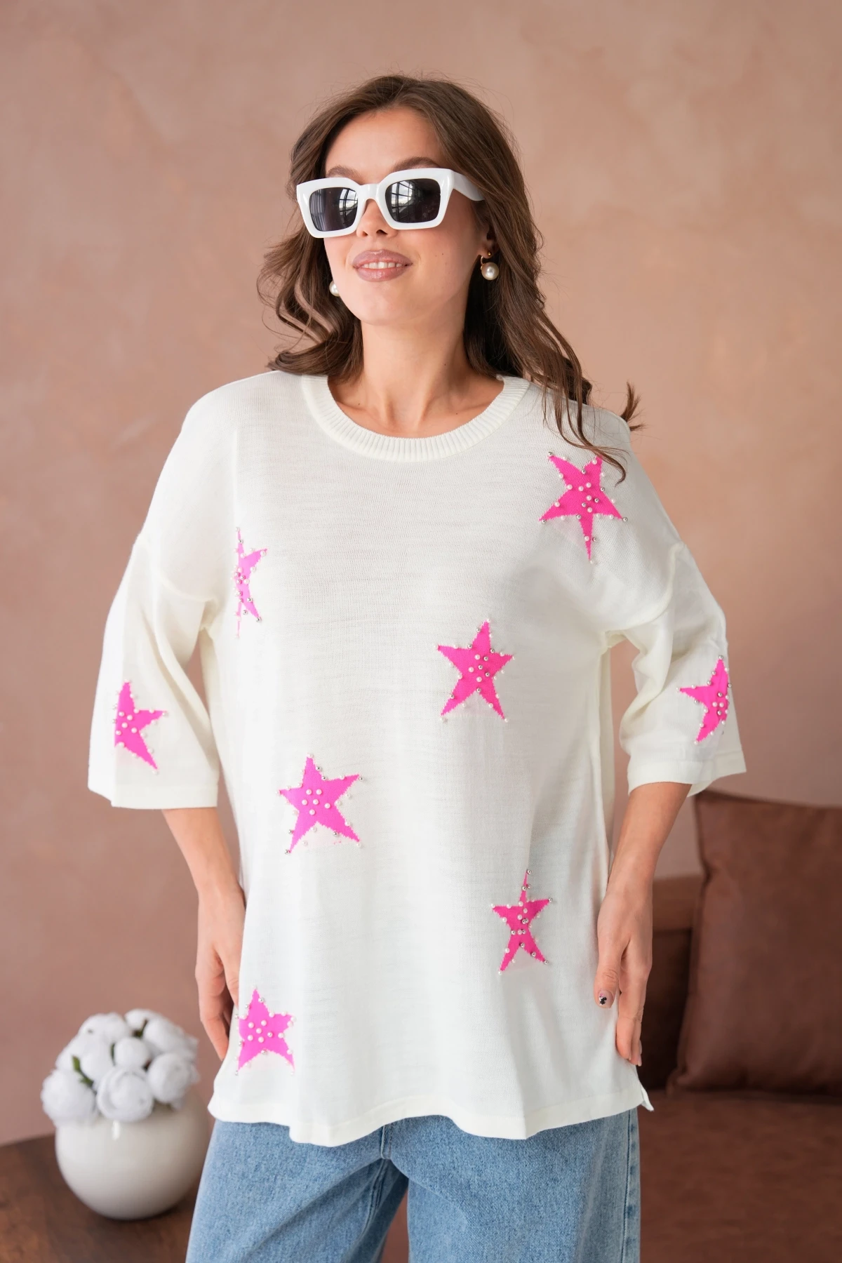 Kadın Bisiklet Yaka Yıldız Desenli İnci İşlemeli Oversize Triko Kazak 12064