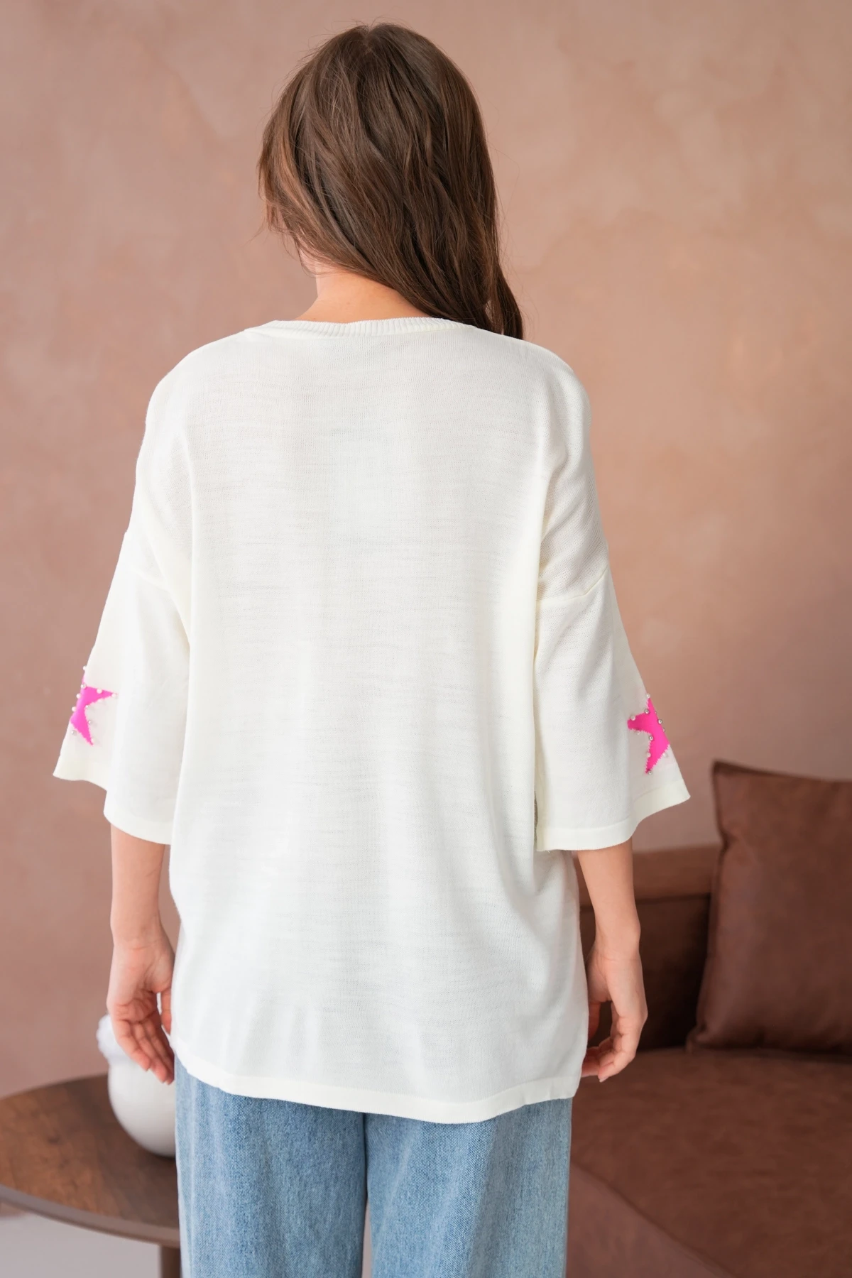 Kadın Bisiklet Yaka Yıldız Desenli İnci İşlemeli Oversize Triko Kazak 12064