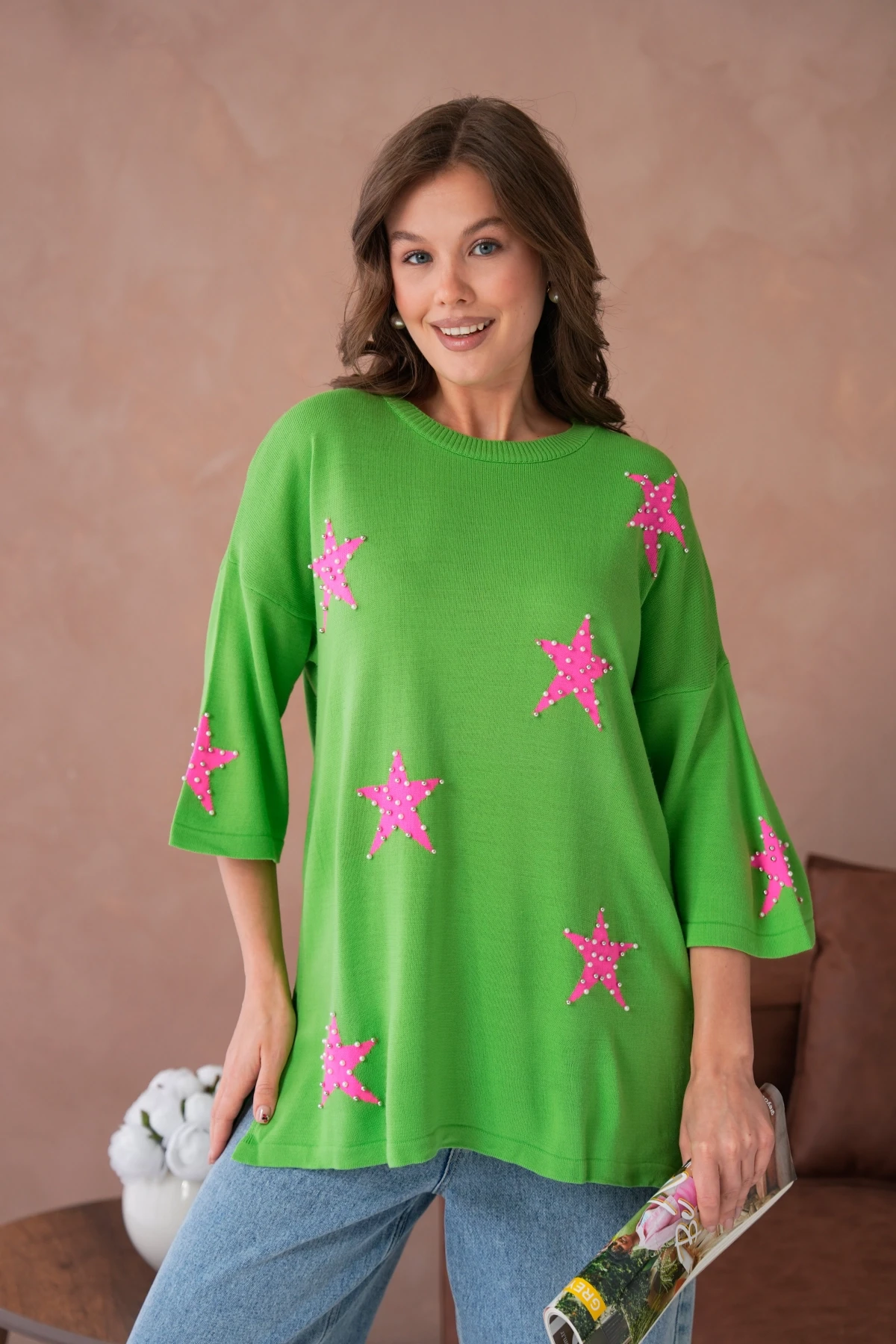 Kadın Bisiklet Yaka Yıldız Desenli İnci İşlemeli Oversize Triko Kazak 12064