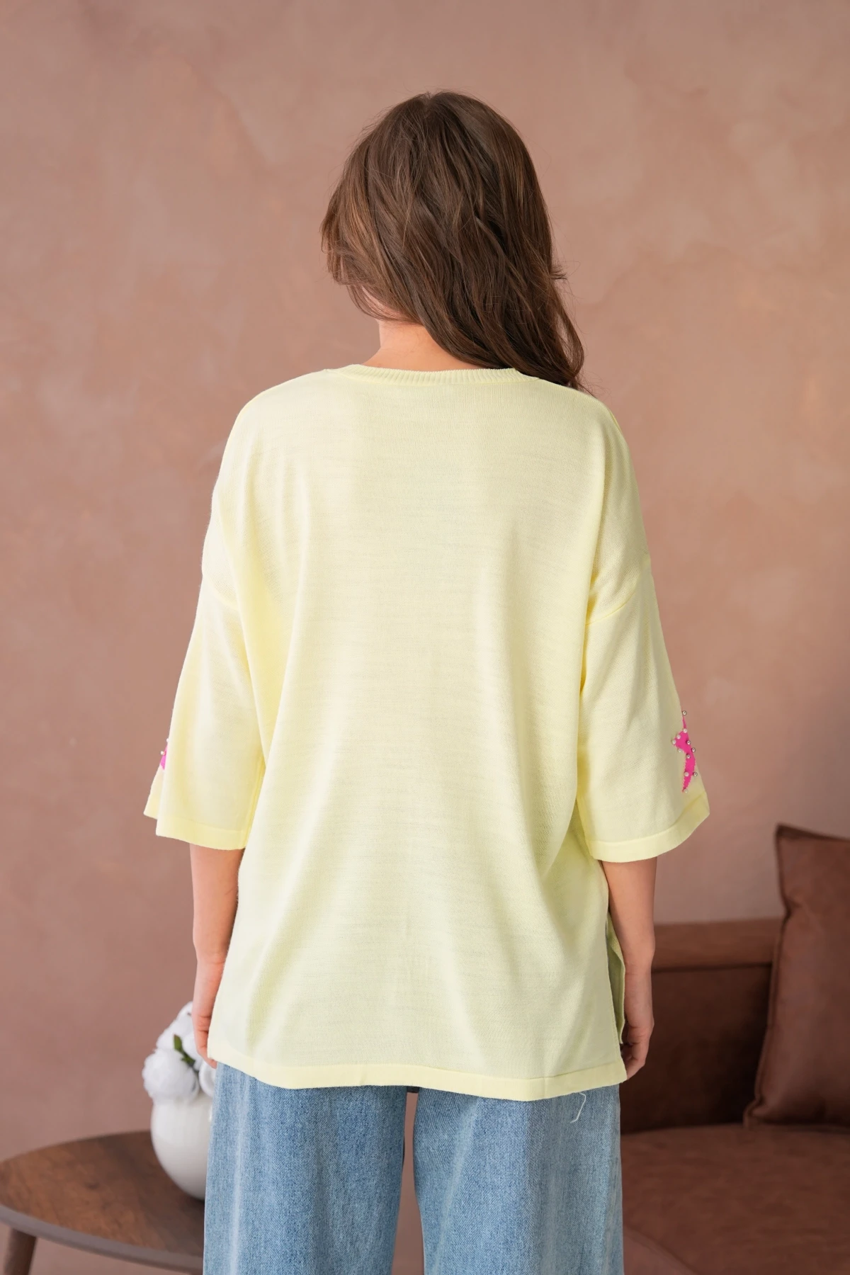 Kadın Bisiklet Yaka Yıldız Desenli İnci İşlemeli Oversize Triko Kazak 12064