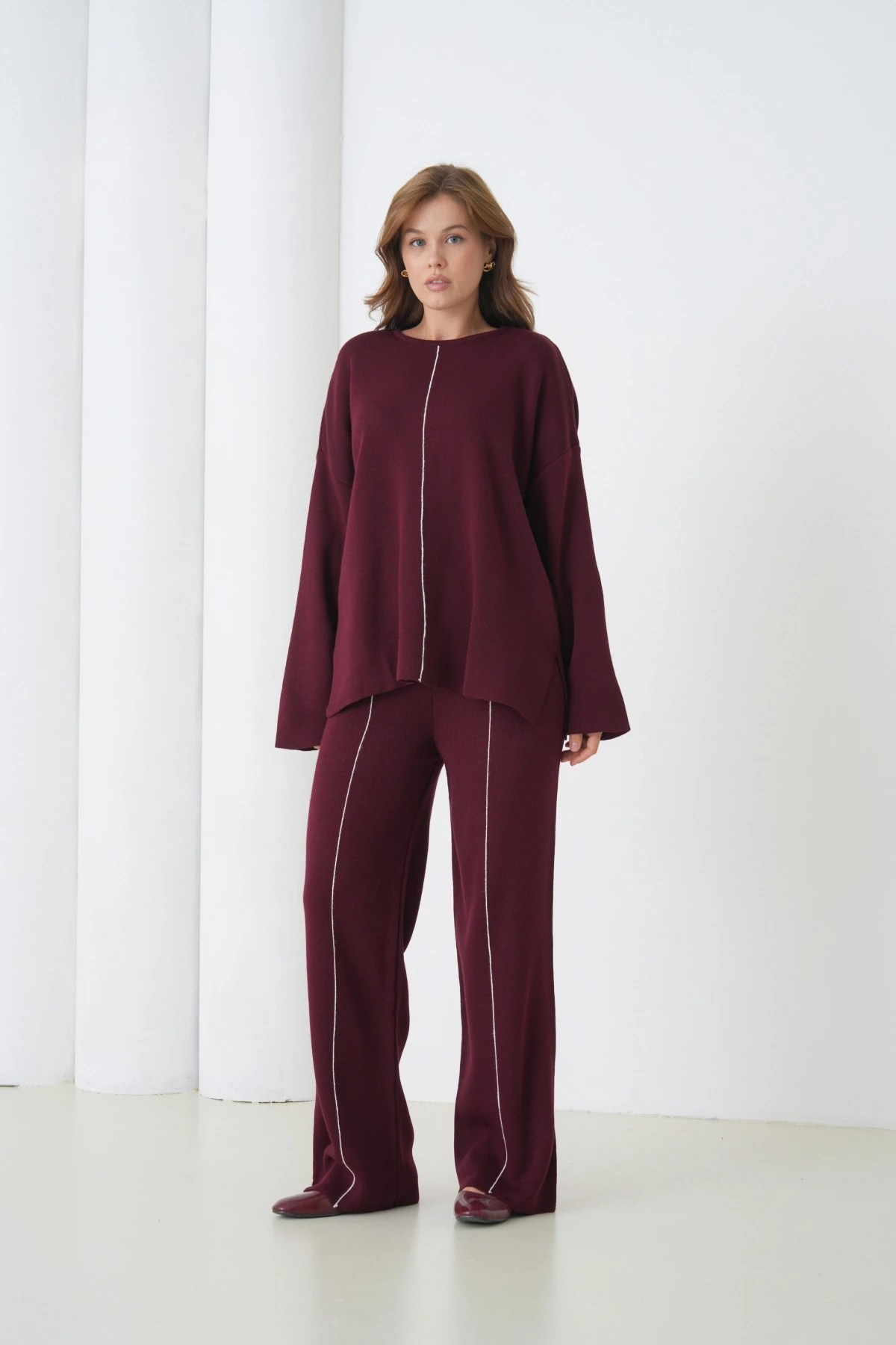 Kadın Bisiklet Yaka Yırtmaçlı Oversize Kazak Pantolon İkili Triko Takım