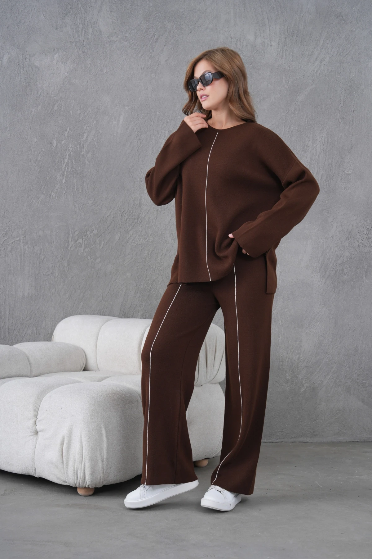 Kadın Bisiklet Yaka Yırtmaçlı Oversize Kazak Pantolon İkili Triko Takım