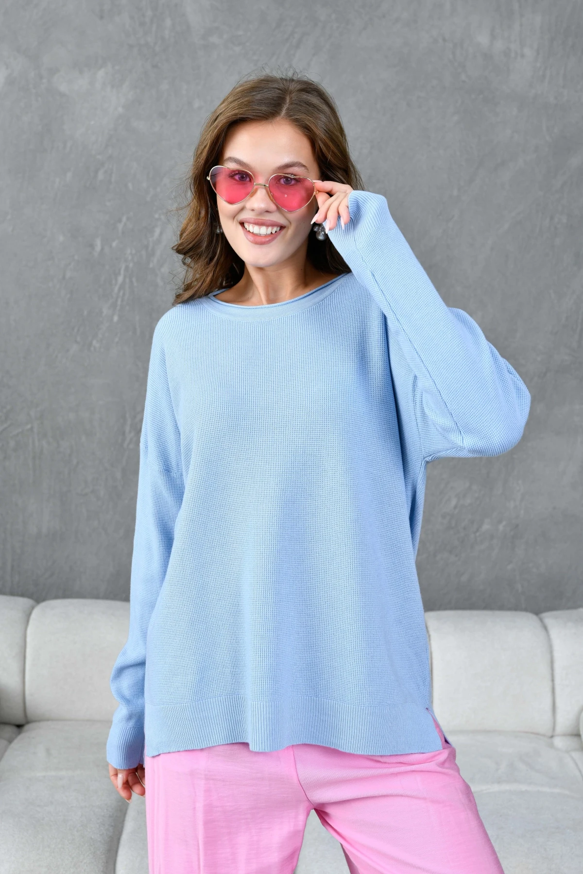 Kadın Bisiklet Yaka Yırtmaçlı Oversize Triko Kazak