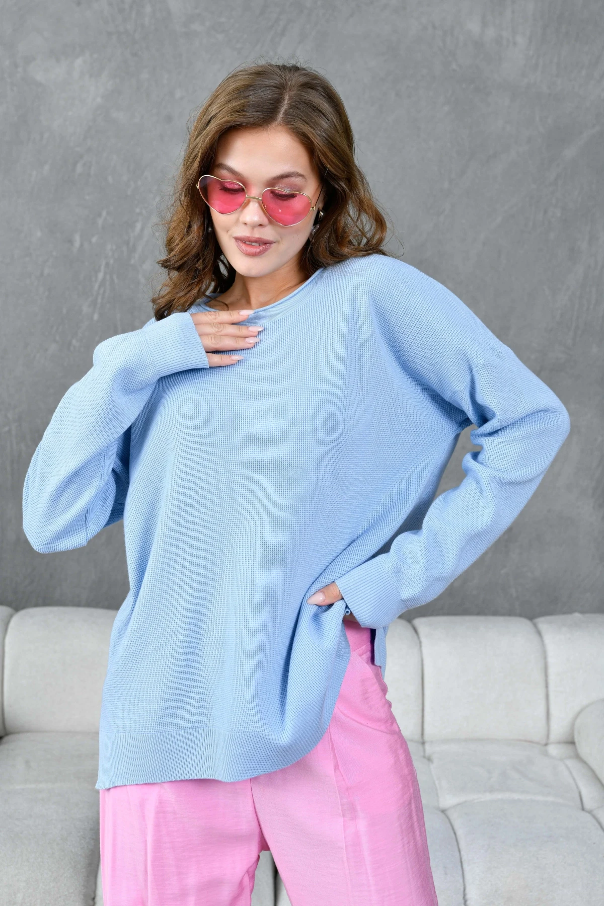 Kadın Bisiklet Yaka Yırtmaçlı Oversize Triko Kazak