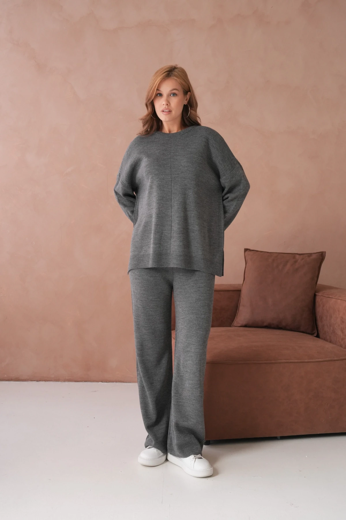 Kadın Bisiklet Yaka Yırtmaçlı Kazak Pantolon İkili Triko Takım