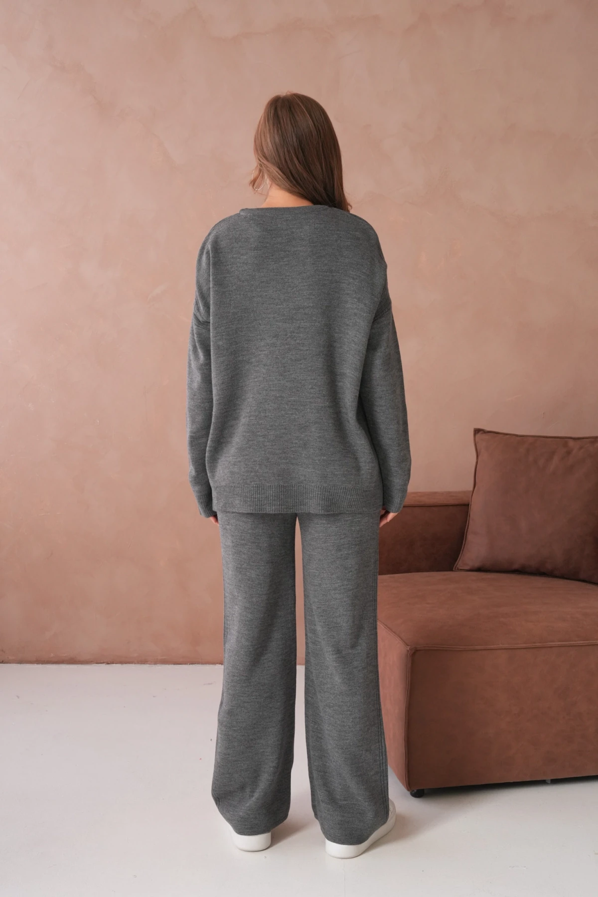 Kadın Bisiklet Yaka Yırtmaçlı Kazak Pantolon İkili Triko Takım