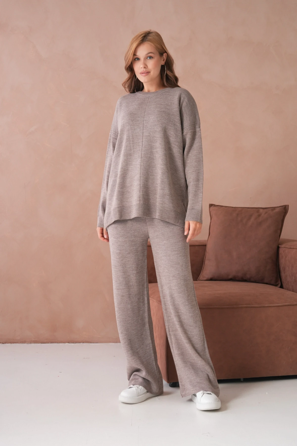 Kadın Bisiklet Yaka Yırtmaçlı Kazak Pantolon İkili Triko Takım