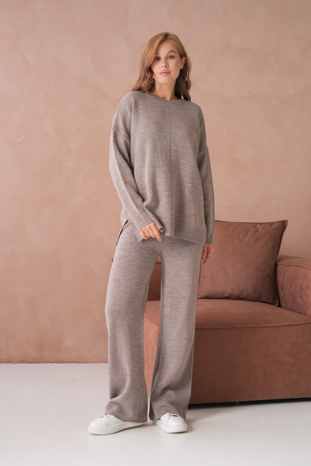 Kadın Bisiklet Yaka Yırtmaçlı Kazak Pantolon İkili Triko Takım