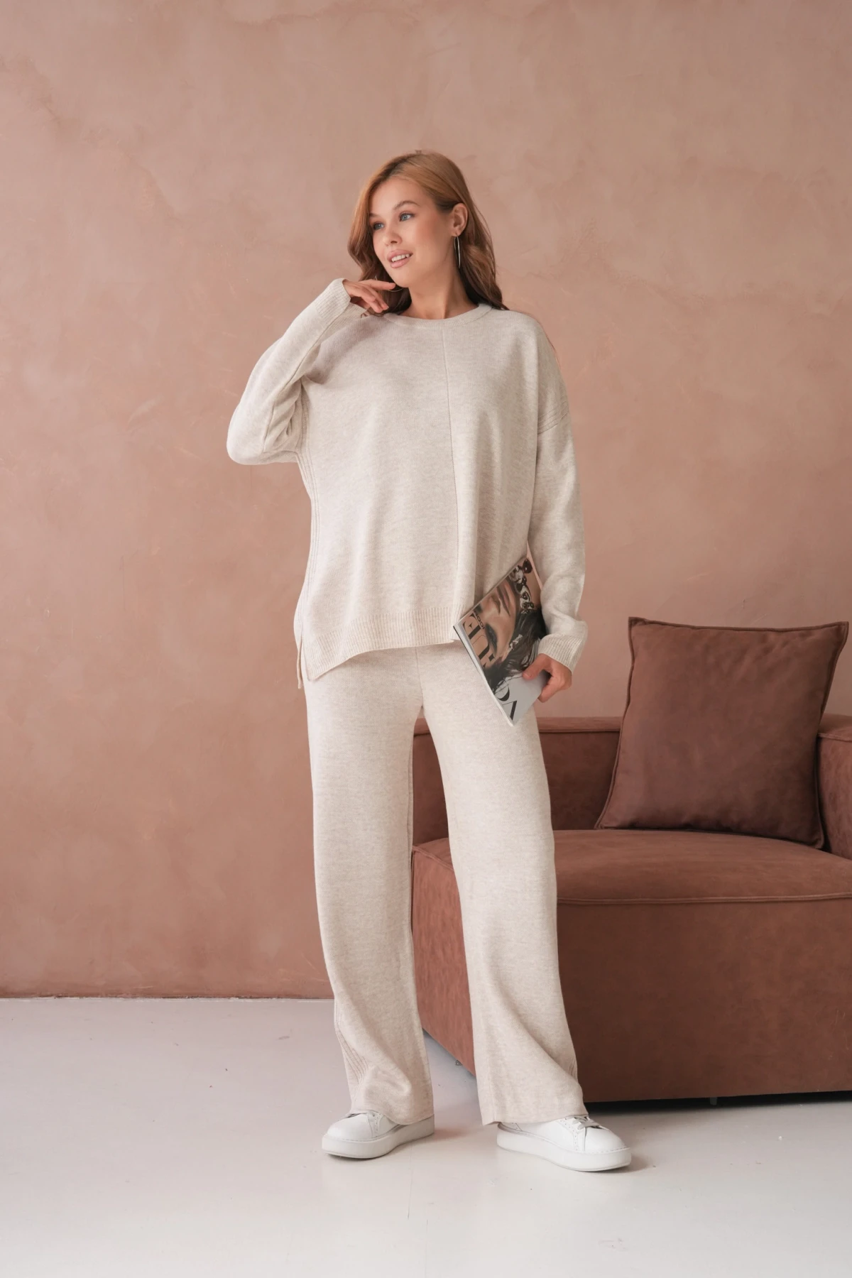 Kadın Bisiklet Yaka Yırtmaçlı Kazak Pantolon İkili Triko Takım