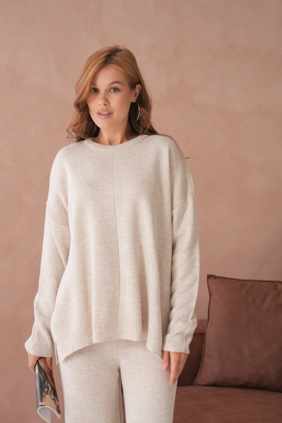 Kadın Bisiklet Yaka Yırtmaçlı Kazak Pantolon İkili Triko Takım