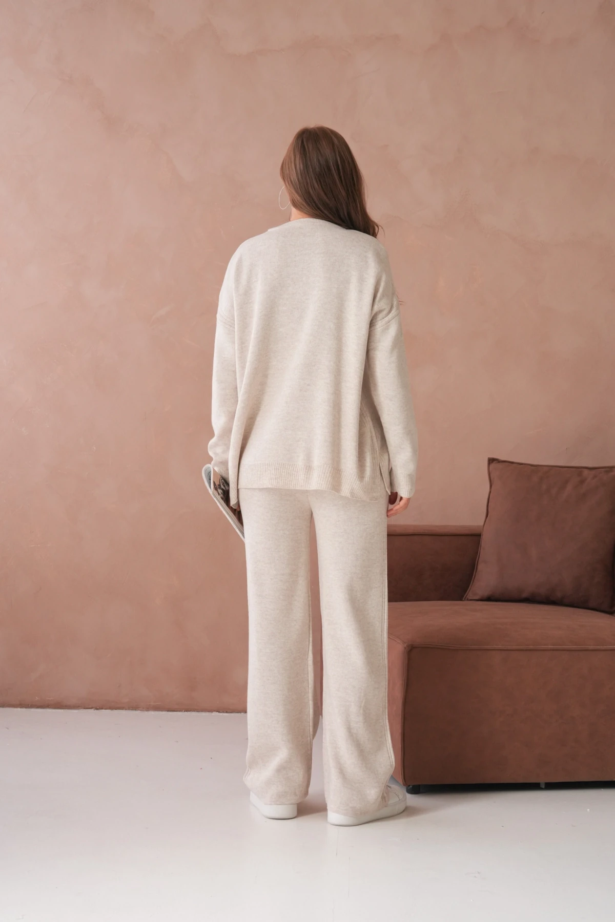 Kadın Bisiklet Yaka Yırtmaçlı Kazak Pantolon İkili Triko Takım