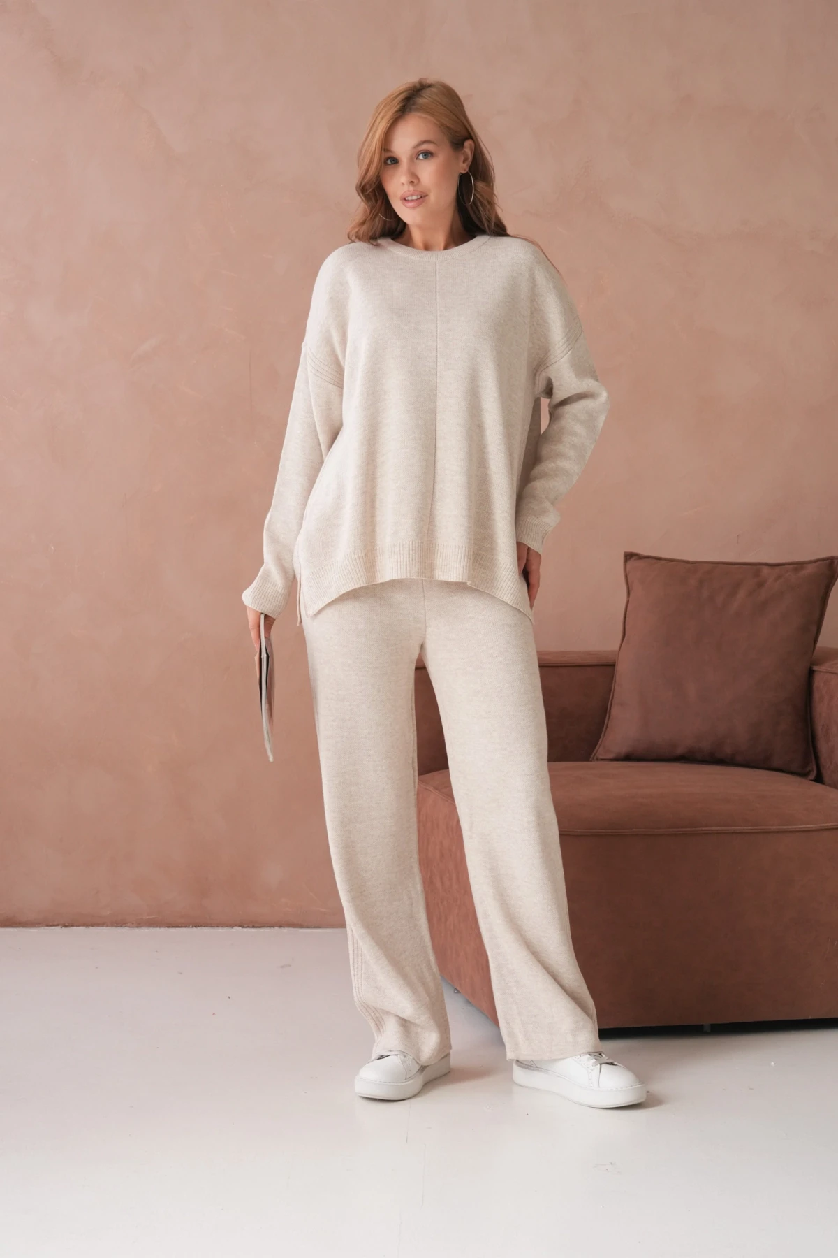 Kadın Bisiklet Yaka Yırtmaçlı Kazak Pantolon İkili Triko Takım