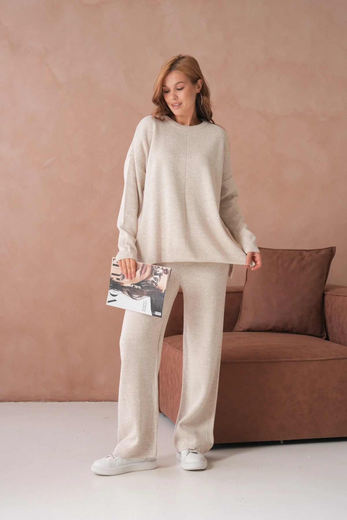 Kadın Bisiklet Yaka Yırtmaçlı Kazak Pantolon İkili Triko Takım