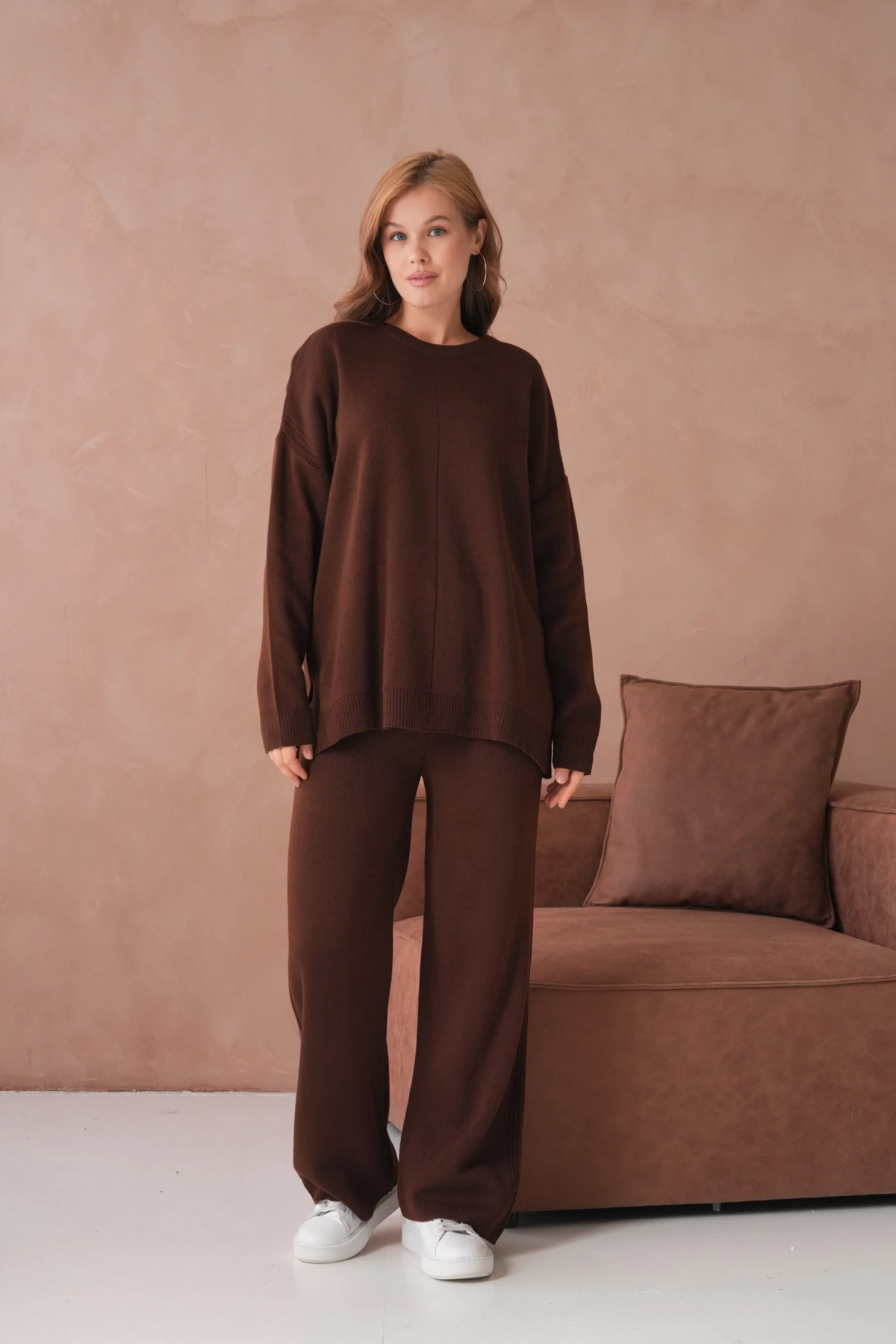 Kadın Bisiklet Yaka Yırtmaçlı Kazak Pantolon İkili Triko Takım