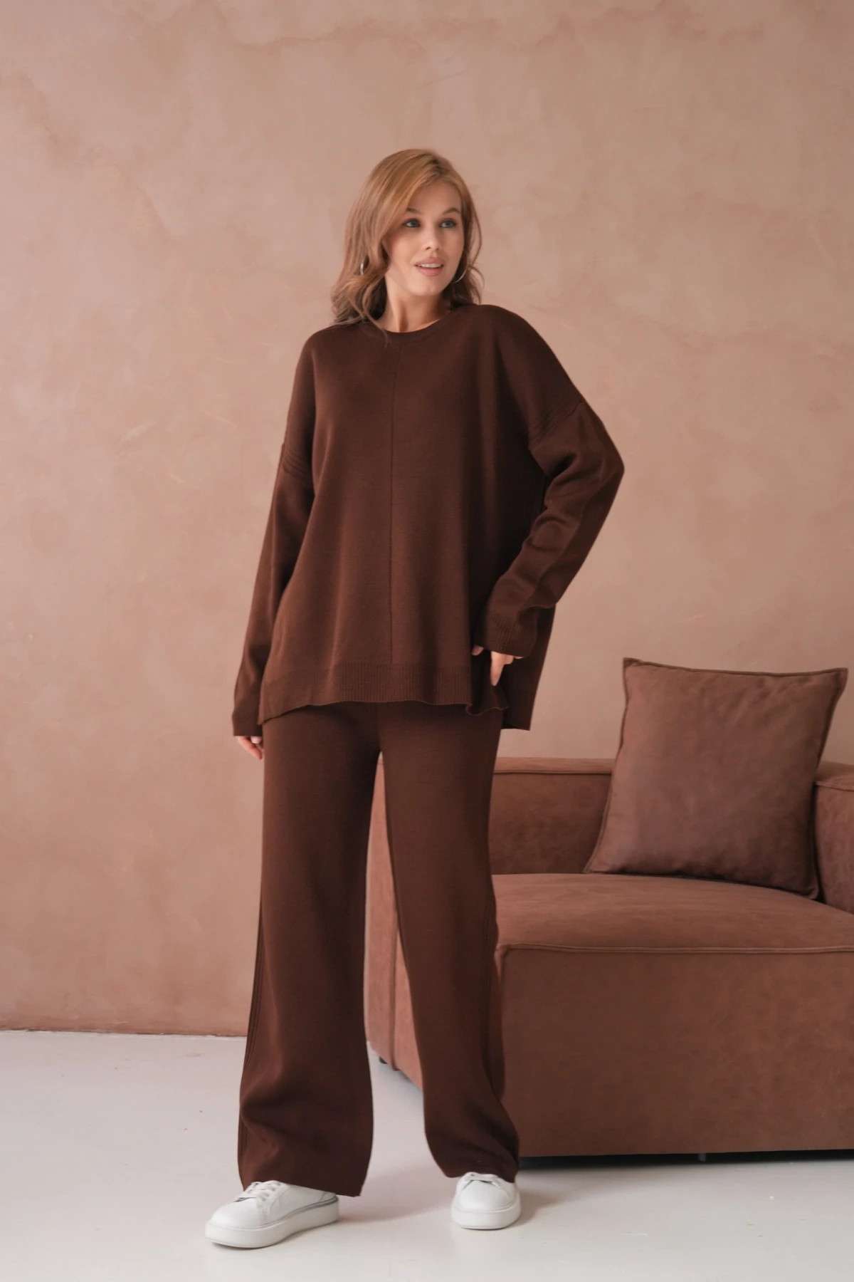 Kadın Bisiklet Yaka Yırtmaçlı Kazak Pantolon İkili Triko Takım