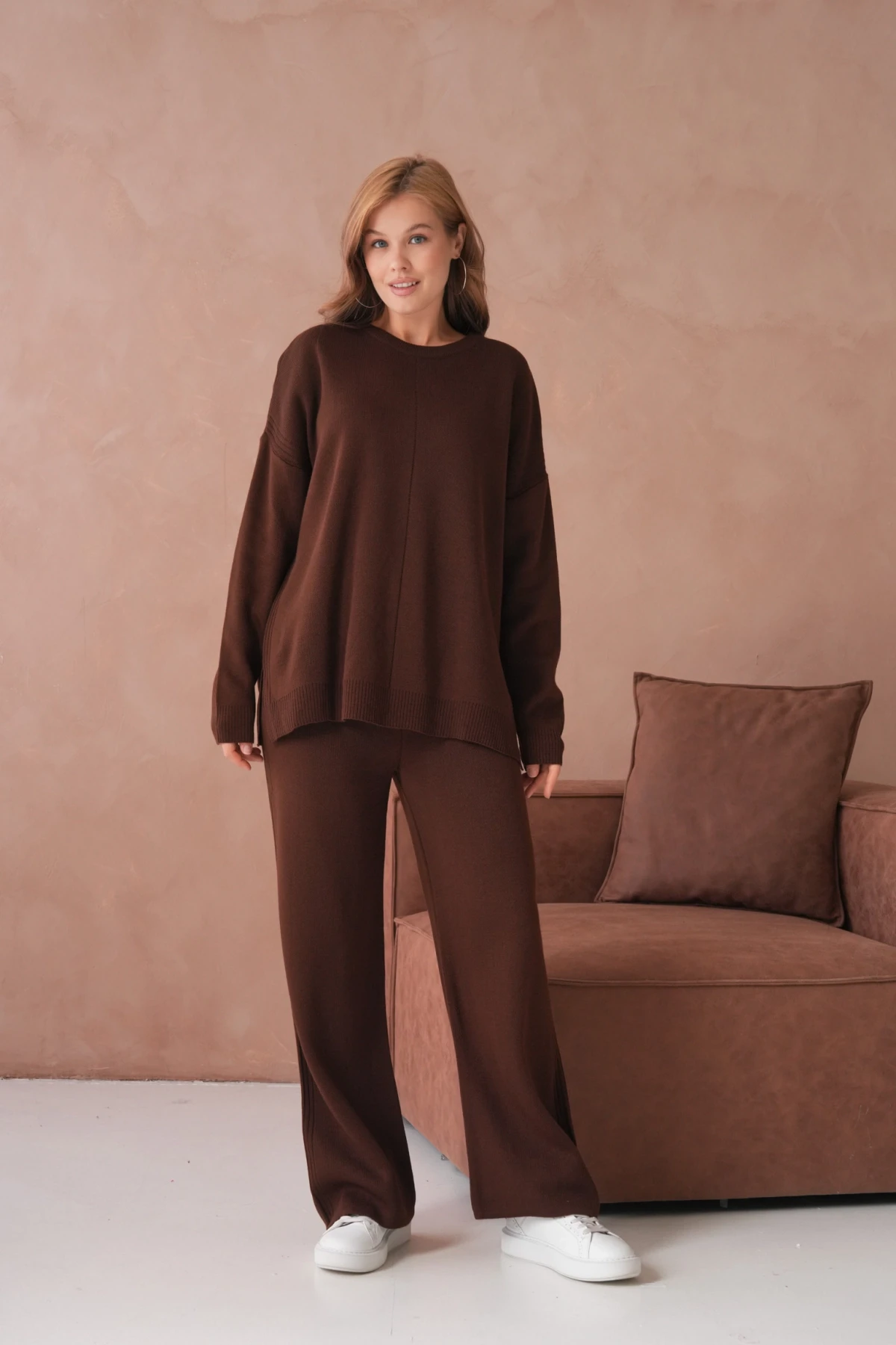 Kadın Bisiklet Yaka Yırtmaçlı Kazak Pantolon İkili Triko Takım