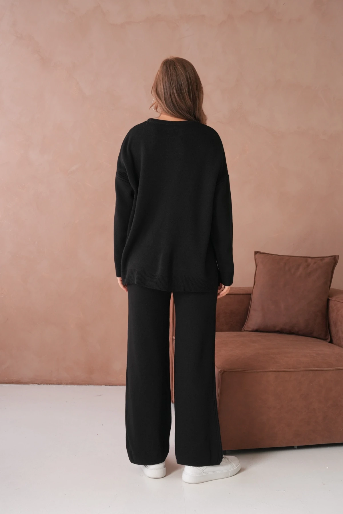 Kadın Bisiklet Yaka Yırtmaçlı Kazak Pantolon İkili Triko Takım