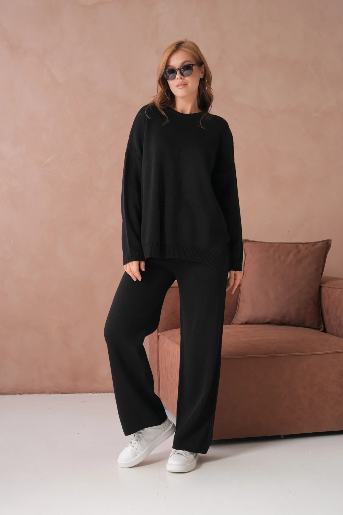 Kadın Bisiklet Yaka Yırtmaçlı Kazak Pantolon İkili Triko Takım