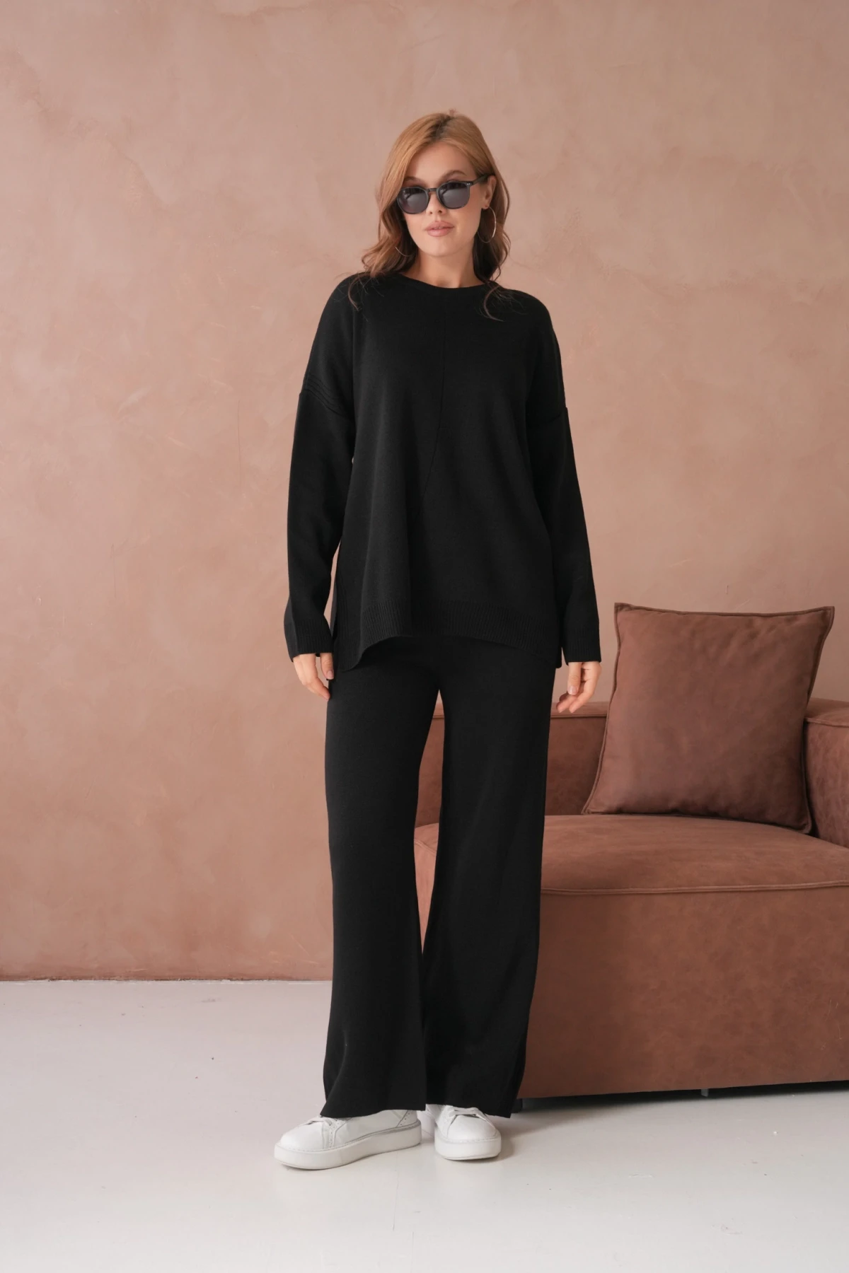 Kadın Bisiklet Yaka Yırtmaçlı Kazak Pantolon İkili Triko Takım