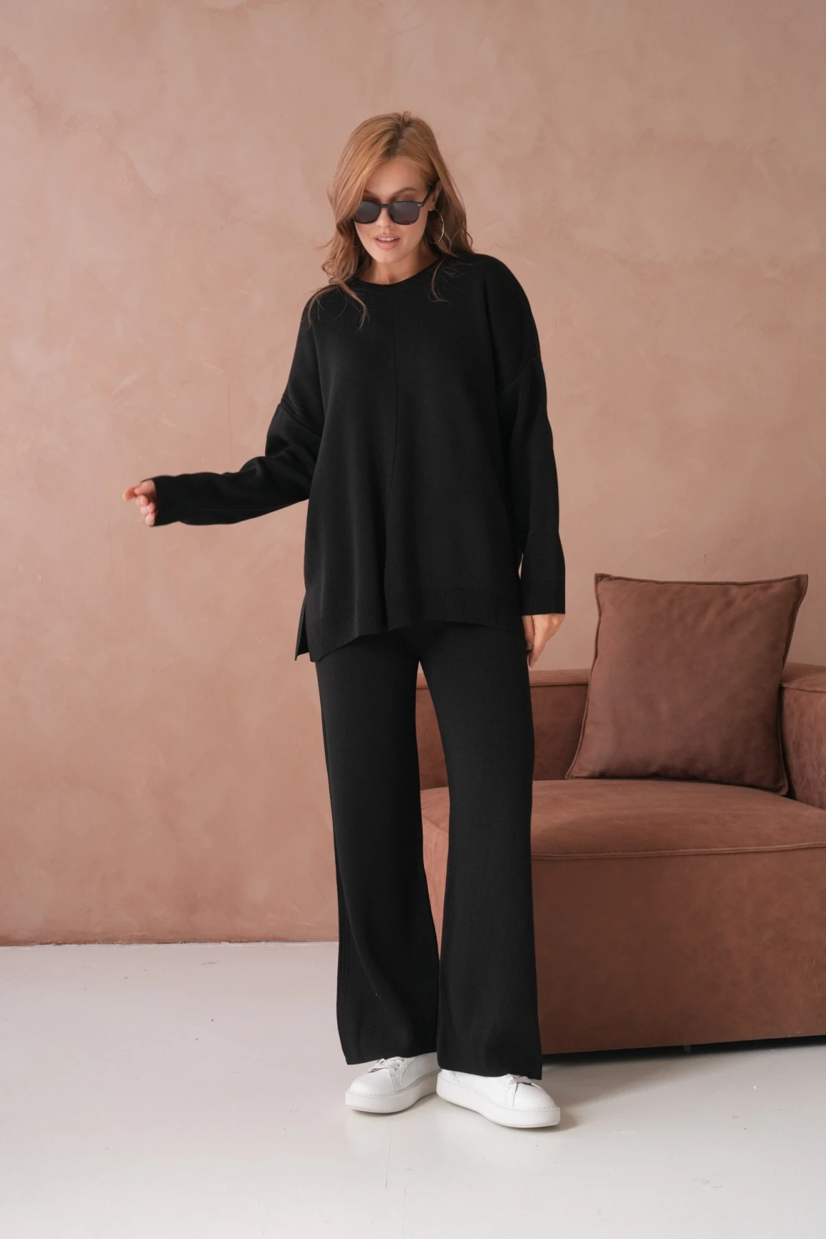 Kadın Bisiklet Yaka Yırtmaçlı Kazak Pantolon İkili Triko Takım