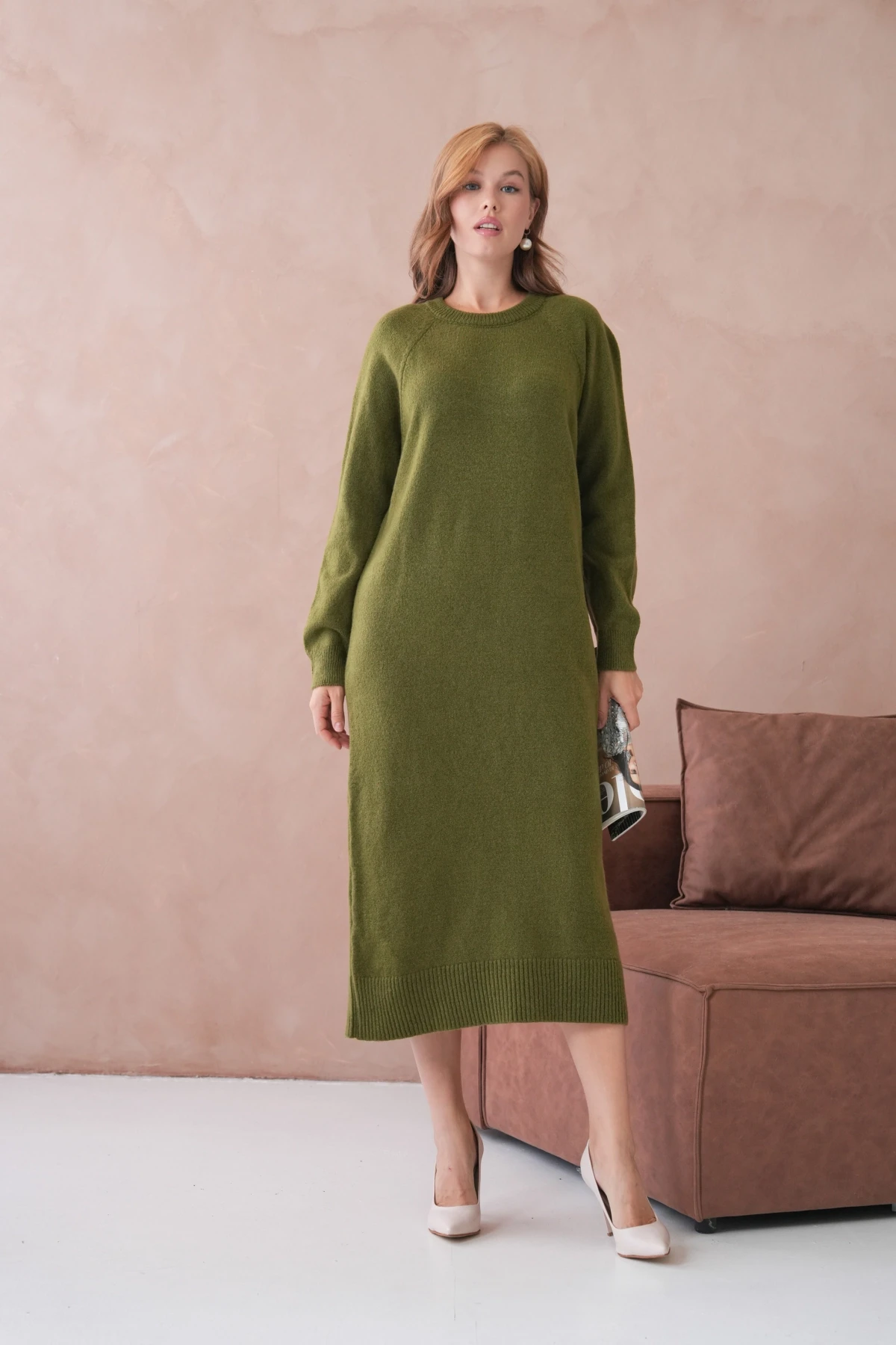 Kadın Bisiklet Yaka Yumuşak Dokulu Maksi Boy Şardonlu Oversize Triko Elbise 8324Sw