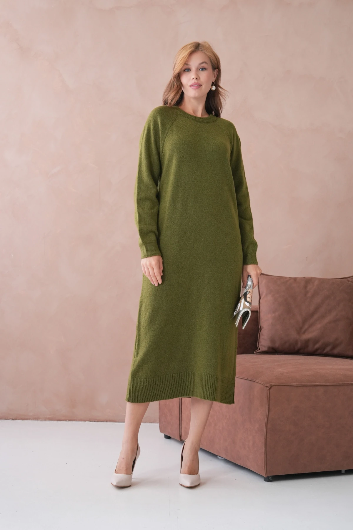 Kadın Bisiklet Yaka Yumuşak Dokulu Maksi Boy Şardonlu Oversize Triko Elbise 8324Sw